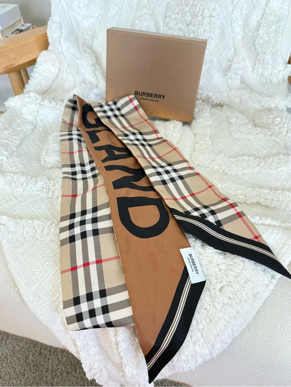 Burberry Beige, Tan & Black Check Silk Twilly Scarf